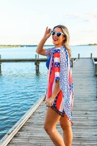 Leopard Red, White & Blue Tassel Coverup