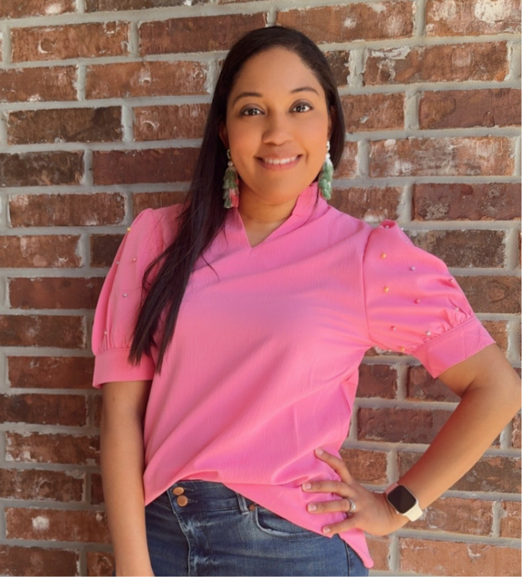 Pink Puff Sleeve Top With Pearl