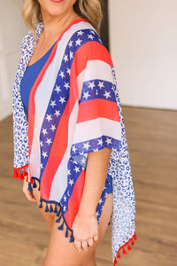 Leopard Red, White & Blue Tassel Coverup