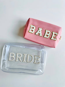 Pearl Embellished Patch Bride Makeup Travel Bag: Babe