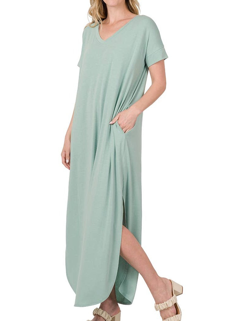 Short Sleeves Maxi Dress - Dusty Green