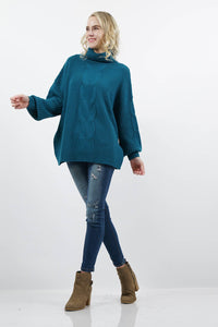 Balloon Sleeve Chunky Cable Knit Longline Sweater - Teal